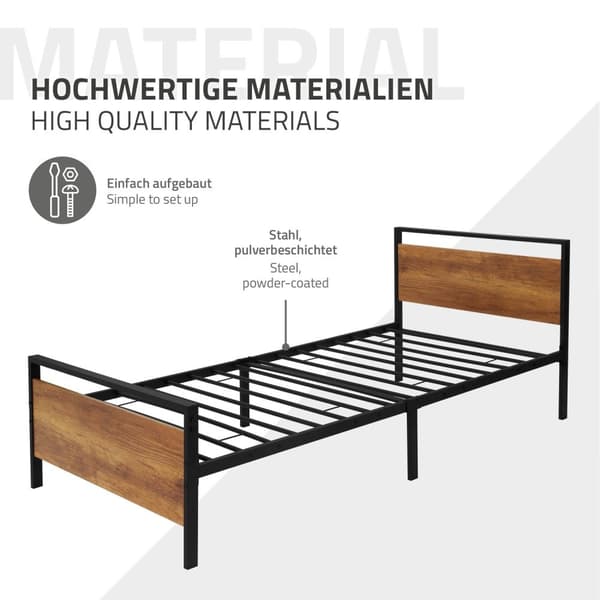 Metallisänky 90x200 cm musta/ruskea, jossa on ristikkorunko ja patja, jossa on puinen pääty ja jalkataso ML design