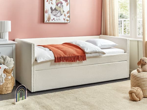 Sohvasänky vaalea beige 90 x 200 cm bukleeverhoilu ulosvedettävä lisävuode sälepohja moderni