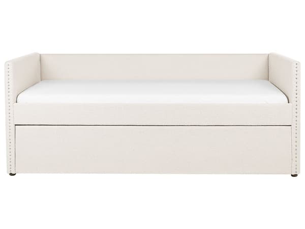 Sohvasänky vaalea beige 90 x 200 cm bukleeverhoilu ulosvedettävä lisävuode sälepohja moderni