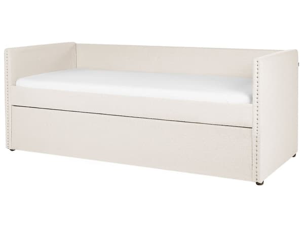 Sohvasänky vaalea beige 90 x 200 cm bukleeverhoilu ulosvedettävä lisävuode sälepohja moderni