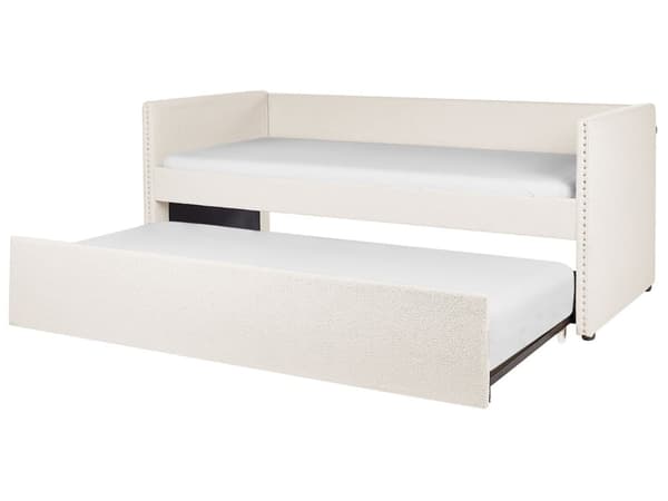 Sohvasänky vaalea beige 90 x 200 cm bukleeverhoilu ulosvedettävä lisävuode sälepohja moderni
