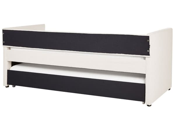 Sohvasänky vaalea beige 90 x 200 cm bukleeverhoilu ulosvedettävä lisävuode sälepohja moderni