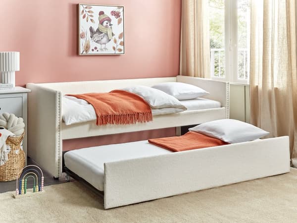 Sohvasänky vaalea beige 90 x 200 cm bukleeverhoilu ulosvedettävä lisävuode sälepohja moderni