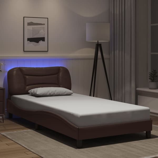 vidaXL Sängynrunko LED-valoilla ruskea 100x200 cm keinonahka