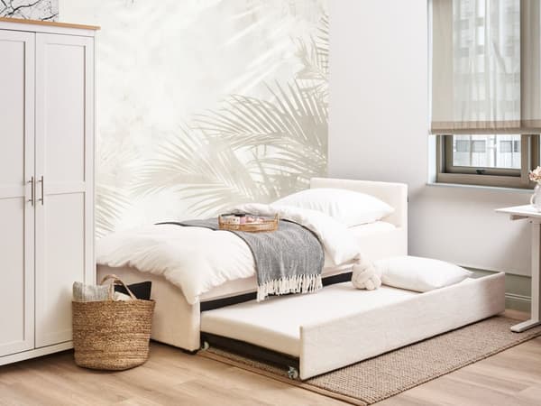 Bäddsoffa Ljusbeige Boucle Klädsel Liten Enkel storlek 80 x 200 cm Gäst Underbädd