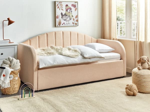Bäddsoffa Persikorosa Boucle 90 x 200 cm Enkelsäng Spjälbädd Stoppad dagbädd Glamour Modern Barnrum Gästrum