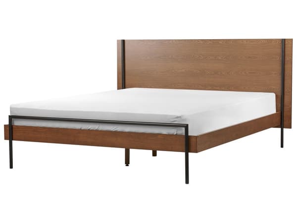 Dubbelsäng Mörkt trä MDF 160 x 200 cm Ram med nackstöd och spjälbotten Svarta metallben