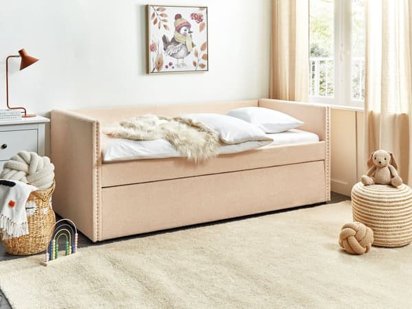 Underseng ferskenfarget fløyel Trelameller 90 x 200 cm Dagseng Glamour Dekorative knapper minimalistisk kompakt skandinavisk