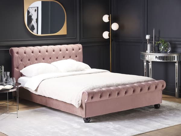 Seng med Lyserød Velourramme 160 x 200 cm med Quiltet Sengegavl Glamourstil