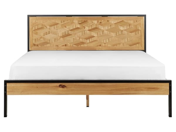 Dobbeltseng mørk MDF ramme med nakkestøtte og lamellbunn med sorte metallben 160 x 200 cm