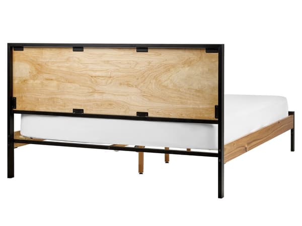 Dobbeltseng mørk MDF ramme med nakkestøtte og lamellbunn med sorte metallben 160 x 200 cm
