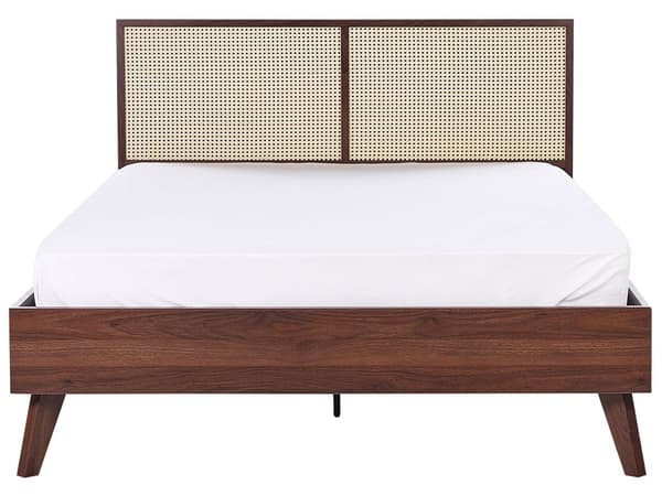 Seng Mørkt tre Sponplate 140 x 200 cm Sengegavl i flettet rotting Sengeramme med lameller Moderne Boho Dobbeltseng Soverom