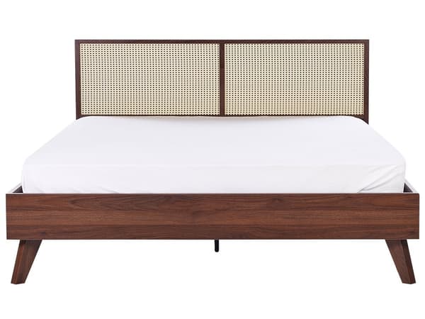 Parisänky tumma puu 180 x 200 cm lastulevy rottinkipunos puujalat sälepohja moderni boho
