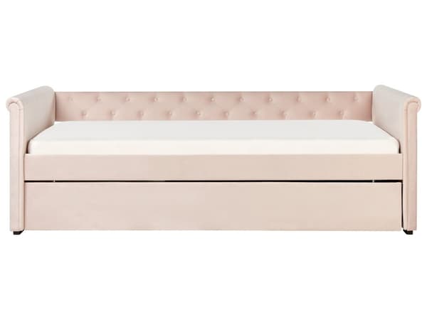 Sohvasänky pastellipinkki 80 x 200 cm samettiverhoilu sälepohja ulosvedettävä lisävuode napitettu retro