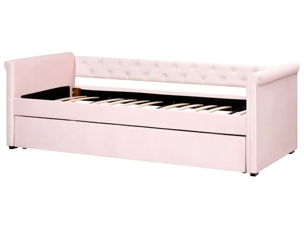 Sohvasänky pastellipinkki 80 x 200 cm samettiverhoilu sälepohja ulosvedettävä lisävuode napitettu retro