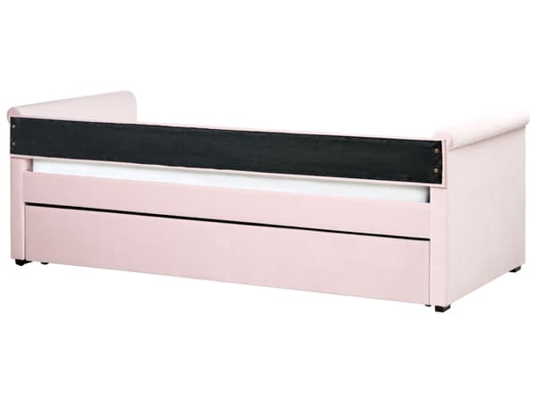 Sohvasänky pastellipinkki 80 x 200 cm samettiverhoilu sälepohja ulosvedettävä lisävuode napitettu retro