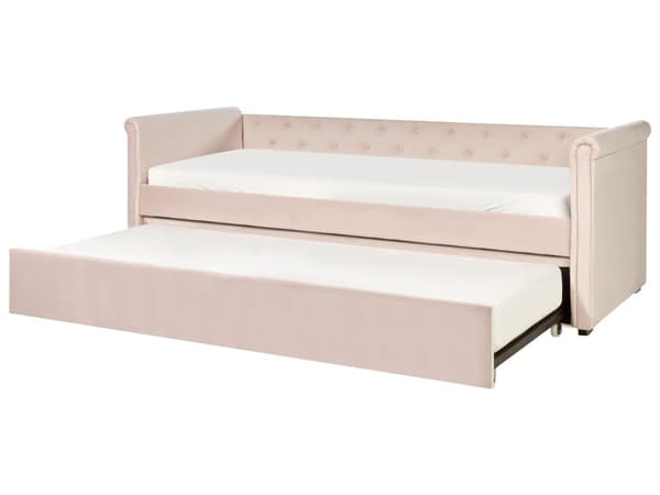 Sohvasänky pastellipinkki 80 x 200 cm samettiverhoilu sälepohja ulosvedettävä lisävuode napitettu retro