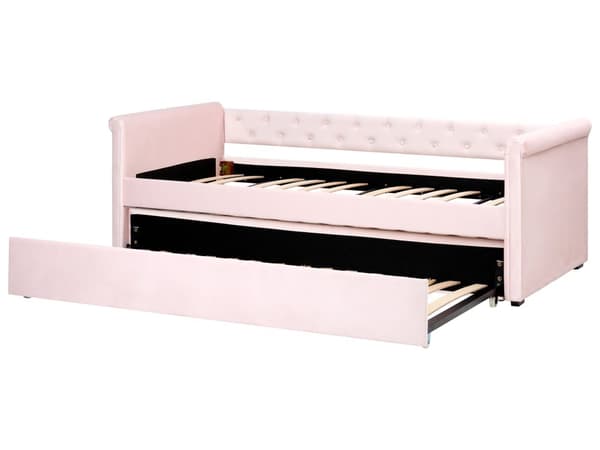 Bäddsoffa Pastellrosa Sammetsklädsel Liten Enkelsäng Storlek 90 x 200 cm Gäst Underbädd Knappar