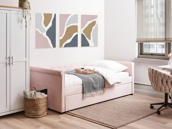 Enkeltseng Lyserød Velour 80 x 200 cm Junior Sofa Seng med Udtræk til Dobbeltseng Quiltet Ryglæn til Børneværelse Multifunktionel Design