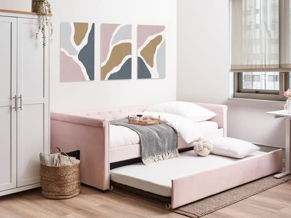 Enkeltseng Lyserød Velour 80 x 200 cm Junior Sofa Seng med Udtræk til Dobbeltseng Quiltet Ryglæn til Børneværelse Multifunktionel Design