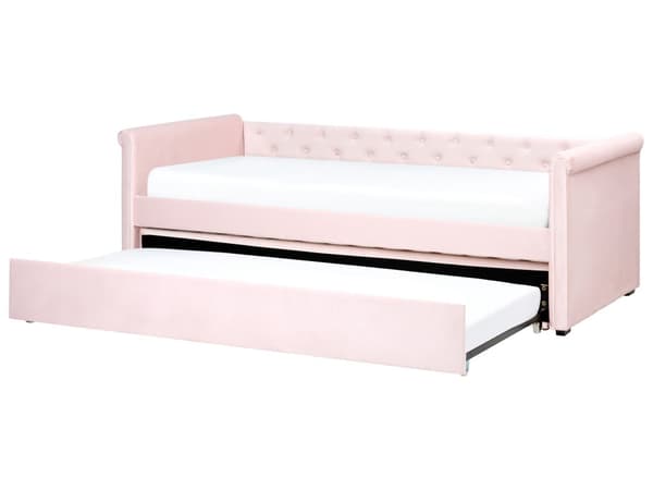 Enkeltseng Lyserød Velour 80 x 200 cm Junior Sofa Seng med Udtræk til Dobbeltseng Quiltet Ryglæn til Børneværelse Multifunktionel Design