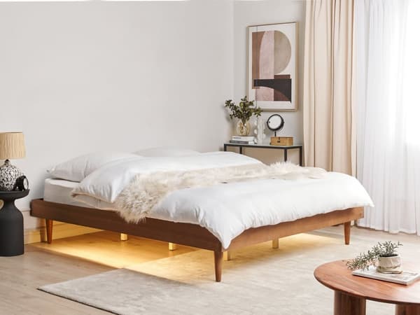 Dobbeltseng Lyst Gummitre med LED 140 x 200 cm Lamellbunn uten Sengegavl Naturlig Rustikk Soverom