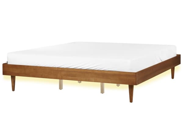 Dobbeltseng Lyst Gummitre med LED 140 x 200 cm Lamellbunn uten Sengegavl Naturlig Rustikk Soverom