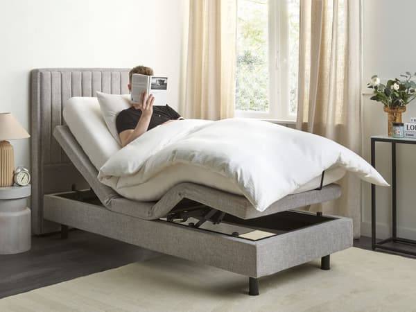 Elevationsseng Lysegrå Polyester 90 x 200 cm Elektrisk Enkeltmandsseng Justerbar Seng med Fjernbetjening Sengeramme med Gavl