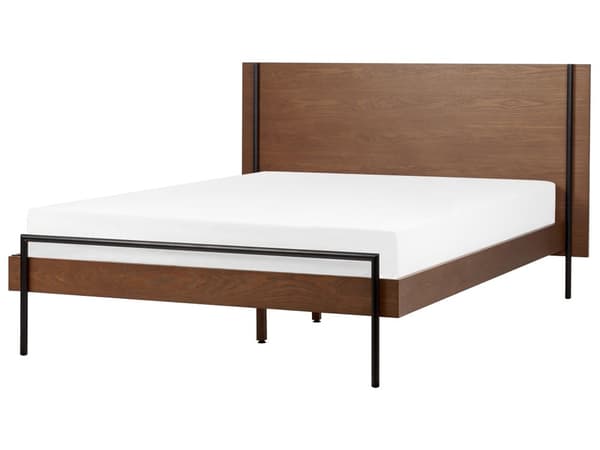 Sänky tumma puu MDF-levy 140 x 200 cm sängynpääty sälepohja mustat metallijalat