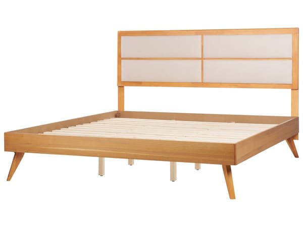 Parisänky vaalea kumipuu MDF-levy beige kangas 180 x 200 cm sälepohjalla retro rustiikkinen tyyli
