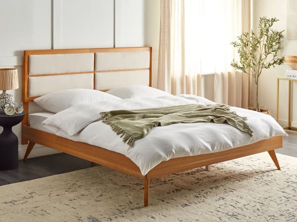 Parisänky vaalea kumipuu MDF-levy beige kangas 180 x 200 cm sälepohjalla retro rustiikkinen tyyli