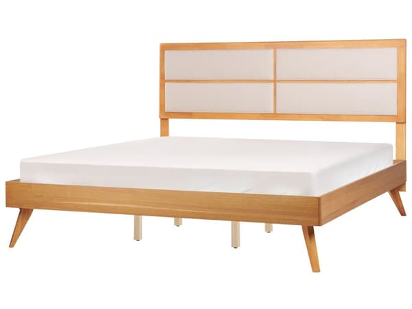 Parisänky vaalea kumipuu MDF-levy beige kangas 180 x 200 cm sälepohjalla retro rustiikkinen tyyli