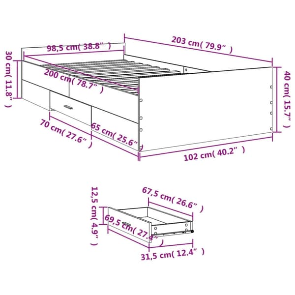 vidaXL Sengeramme med skuffer hvit 100x200 cm konstruert tre