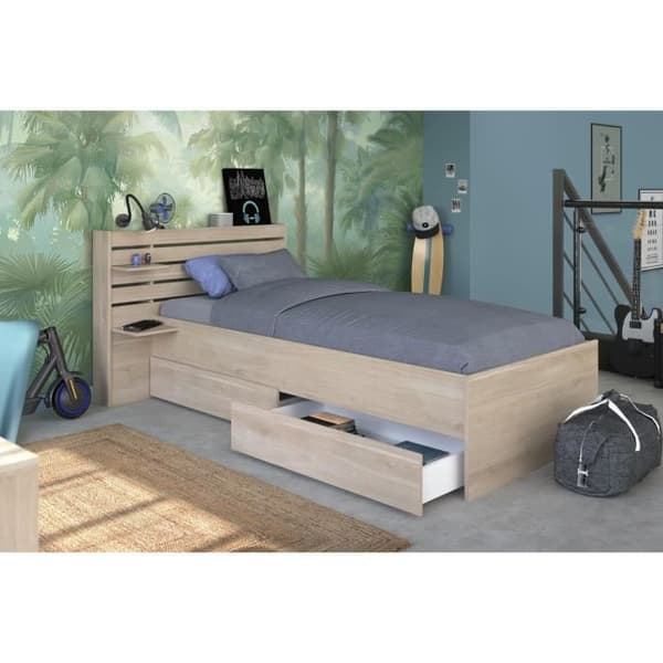 ESCALE barnsäng 90x190/200 cm - Ekdekor - Sänggavel + 2 lådor - L121,5 x H88,6 x D216,8 cm