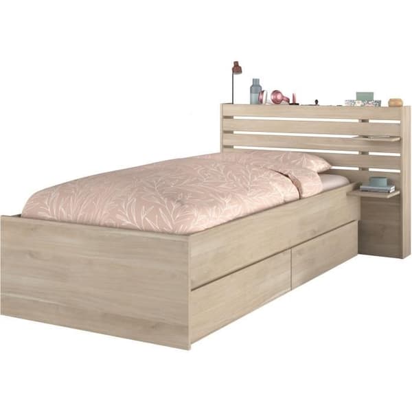 ESCALE barnsäng 90x190/200 cm - Ekdekor - Sänggavel + 2 lådor - L121,5 x H88,6 x D216,8 cm