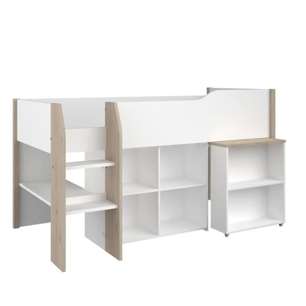Kombinerad barnsäng med infällbart skrivbord - PARISOT - LIAM - Vit och ek - Fjäder medföljer - 90x200 cm