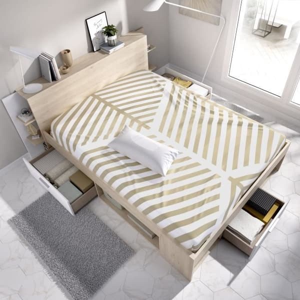 SAX Vuxen säng - 140x190 cm - 3 lådor + Sänggavel med förvaring - Ek och vit dekor