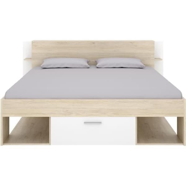 SAX Vuxen säng - 140x190 cm - 3 lådor + Sänggavel med förvaring - Ek och vit dekor