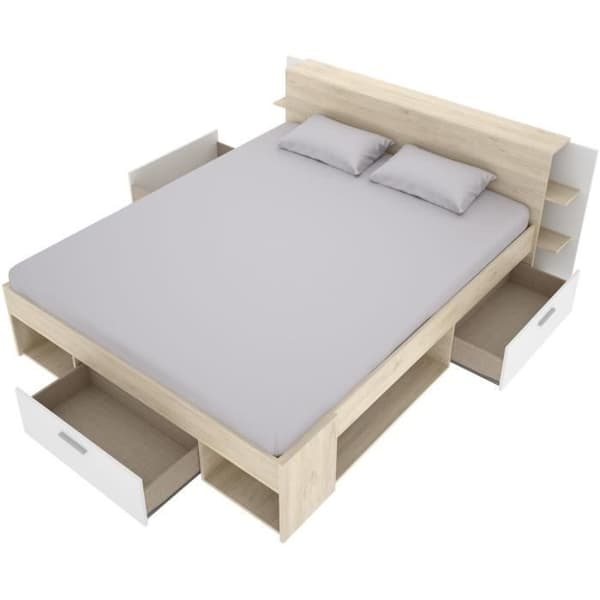 SAX Vuxen säng - 140x190 cm - 3 lådor + Sänggavel med förvaring - Ek och vit dekor