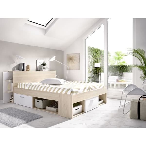 SAX Vuxen säng - 140x190 cm - 3 lådor + Sänggavel med förvaring - Ek och vit dekor
