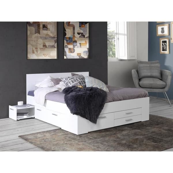 Modern vuxensäng 160x200 cm - 4 lådor - 2 sängbord med nisch - Matt vit dekor - UDINE