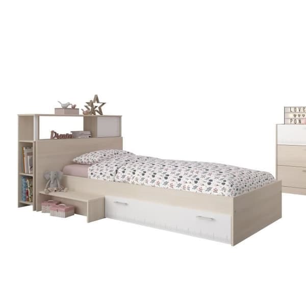 PARISOT Säng + sänggavelset med förvaring - Modern stil - Ljus och vit akaciadekor - CHARLEMAGNE