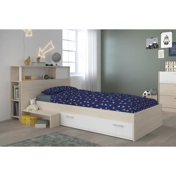 PARISOT Säng + sänggavelset med förvaring - Modern stil - Ljus och vit akaciadekor - CHARLEMAGNE