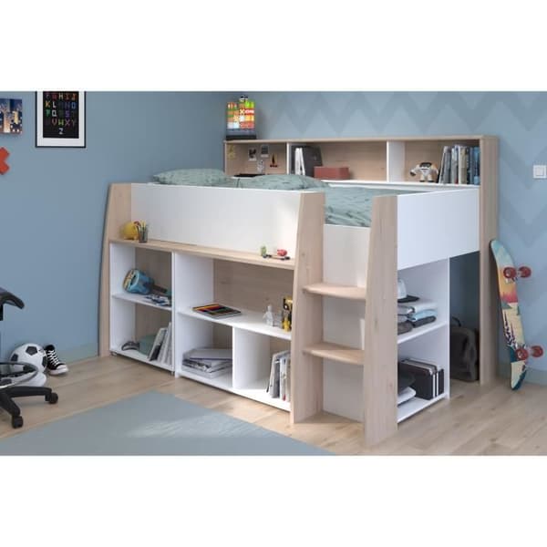 PARISOT Kombinerad barnsäng med utfällbart skrivbord - Vit och ekdekor - 90x 200 cm - Boxfjäder ingår -THEO