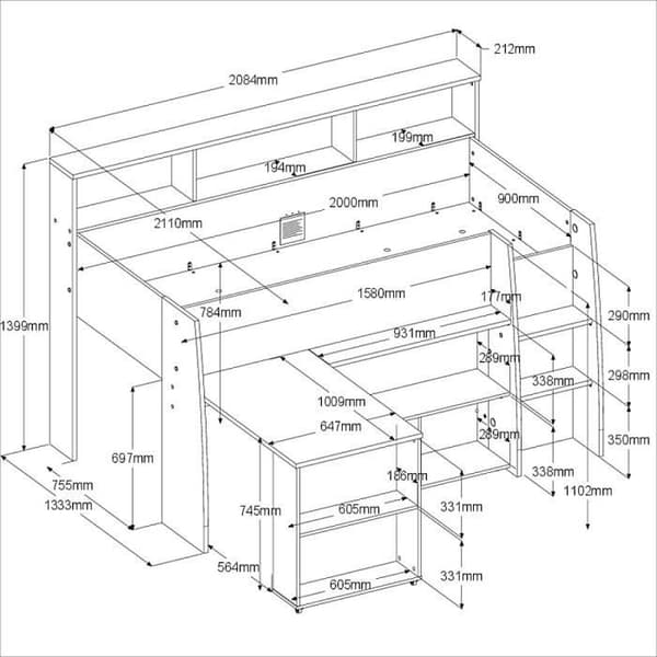 PARISOT Kombinerad barnsäng med utfällbart skrivbord - Vit och ekdekor - 90x 200 cm - Boxfjäder ingår -THEO