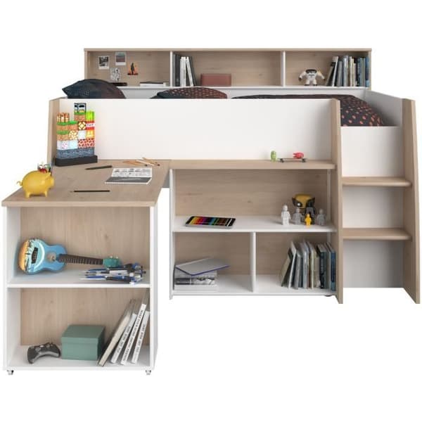PARISOT Kombinerad barnsäng med utfällbart skrivbord - Vit och ekdekor - 90x 200 cm - Boxfjäder ingår -THEO