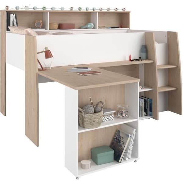 PARISOT Kombinerad barnsäng med utfällbart skrivbord - Vit och ekdekor - 90x 200 cm - Boxfjäder ingår -THEO
