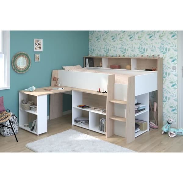 PARISOT Kombinerad barnsäng med utfällbart skrivbord - Vit och ekdekor - 90x 200 cm - Boxfjäder ingår -THEO