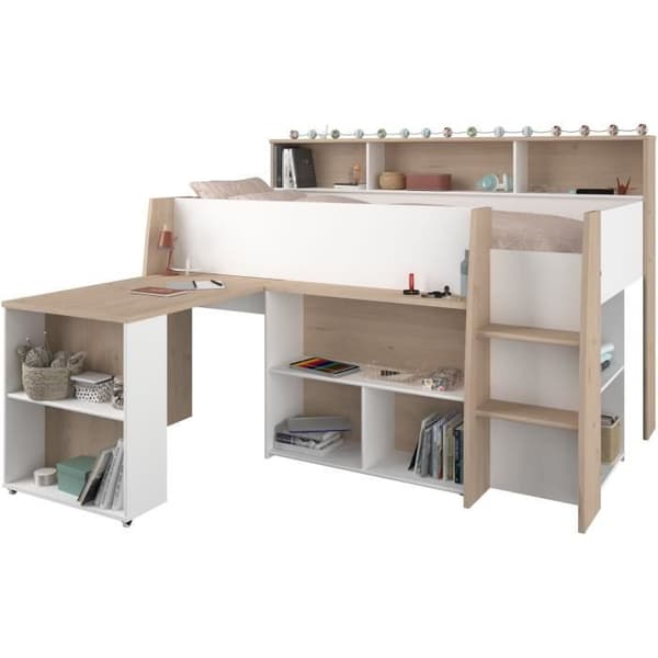 PARISOT Kombinerad barnsäng med utfällbart skrivbord - Vit och ekdekor - 90x 200 cm - Boxfjäder ingår -THEO
