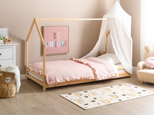 Barnsäng Hus Säng Ljust Furuträ 90 x 200 cm med Spjälbotten Småbarn Modern Barnkammare